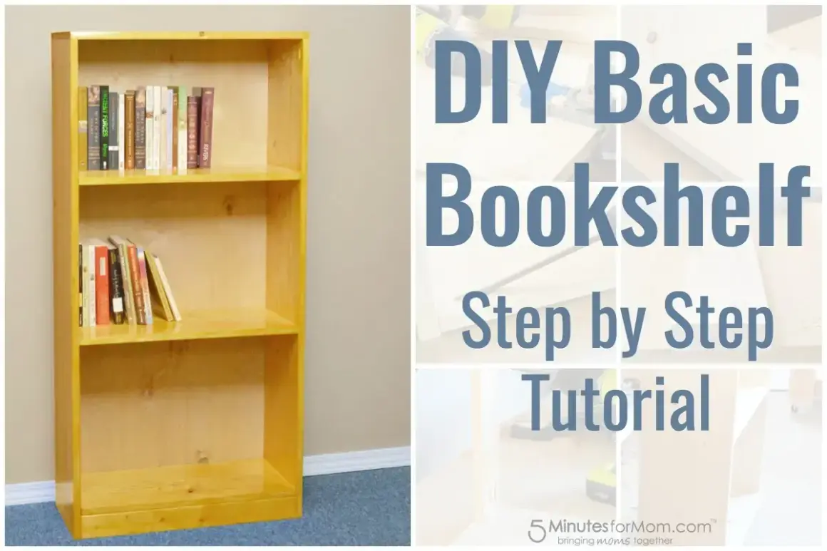 Learn how to build a basic bookshelf with this step-by-step DIY tutorial. The image shows a finished wooden bookshelf with books.