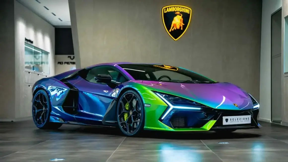 Lamborghini che cambia colore, un capolavoro cangiante dal blu al viola, verde brillante sul cofano.