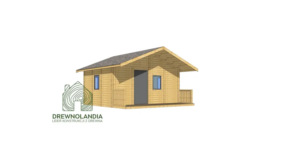 Drewniany domek letniskowy z werandą i dwoma oknami, gotowy do budowy.