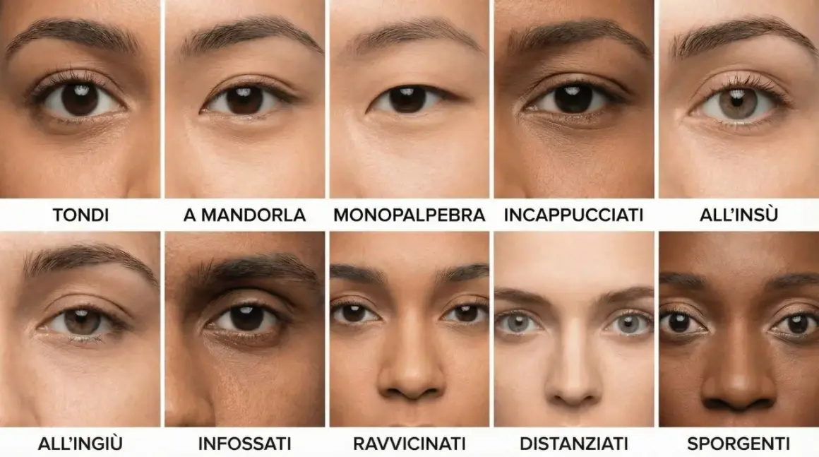 Dieci primi piani di occhi diversi, che mostrano vari tipi di occhi: tondi, a mandorla, monopalpebra, incappucciati, all'insù, infossati, ravvicinati, distanziati, sporgenti.