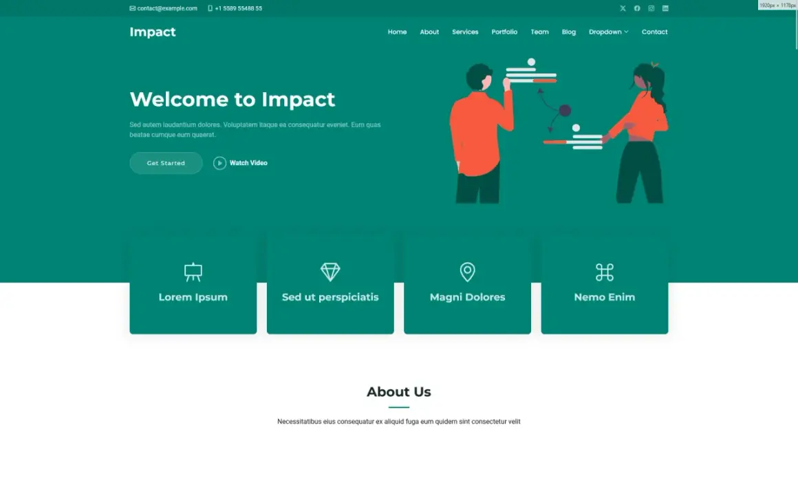 A simple one page website template with a "Welcome to Impact" header, navigation, and feature cards.