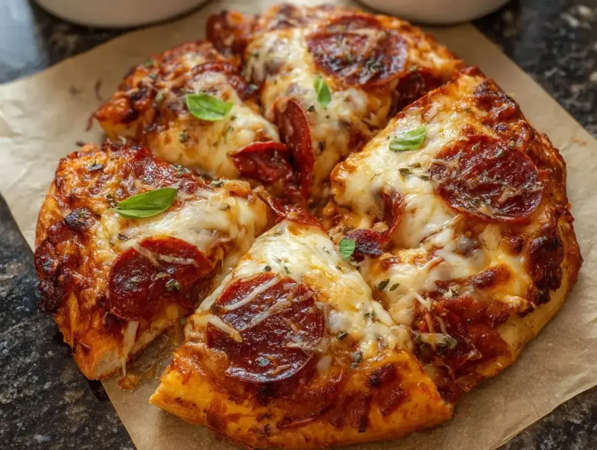 Pyszne, gorące ciasto na pizzę amerykańską z serem i pepperoni, ozdobione listkami bazylii. Idealne na wieczór filmowy!