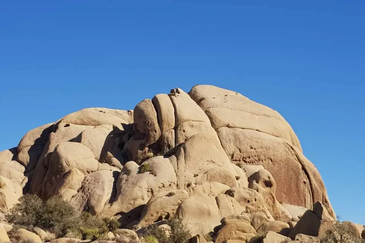 Duże, piaszczyste formacje skalne pod błękitnym niebem w Joshua Tree National Park.