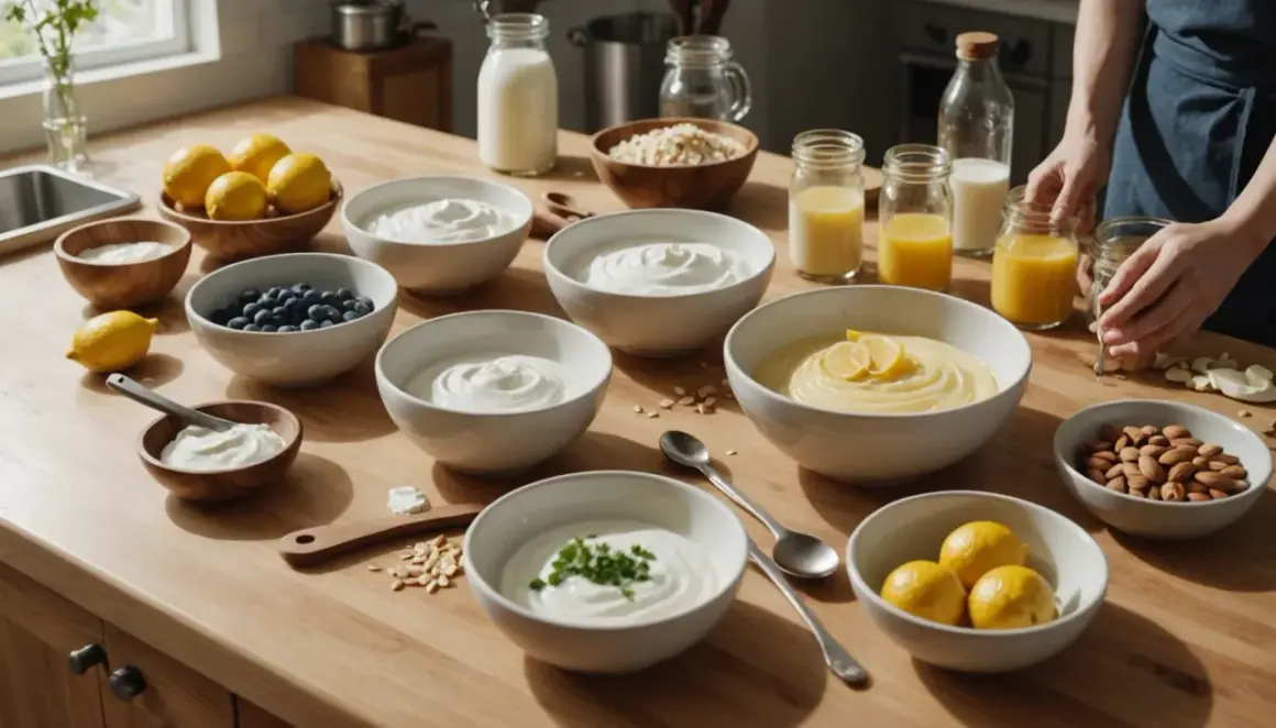 Plusieurs bols de yaourt crémeux, des citrons, des myrtilles et des amandes sont disposés sur une table en bois. Un équivalent de lait ribot, crémeux et acidulé, est prêt à être dégusté.