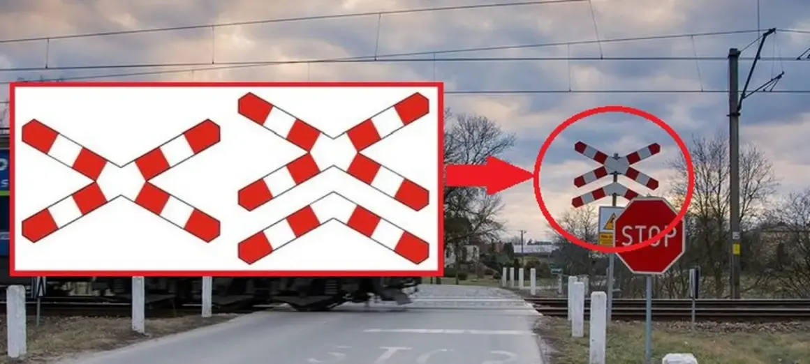 Ostrzeżenie o przejeździe kolejowym z krzyżami św. Andrzeja i znakiem STOP.