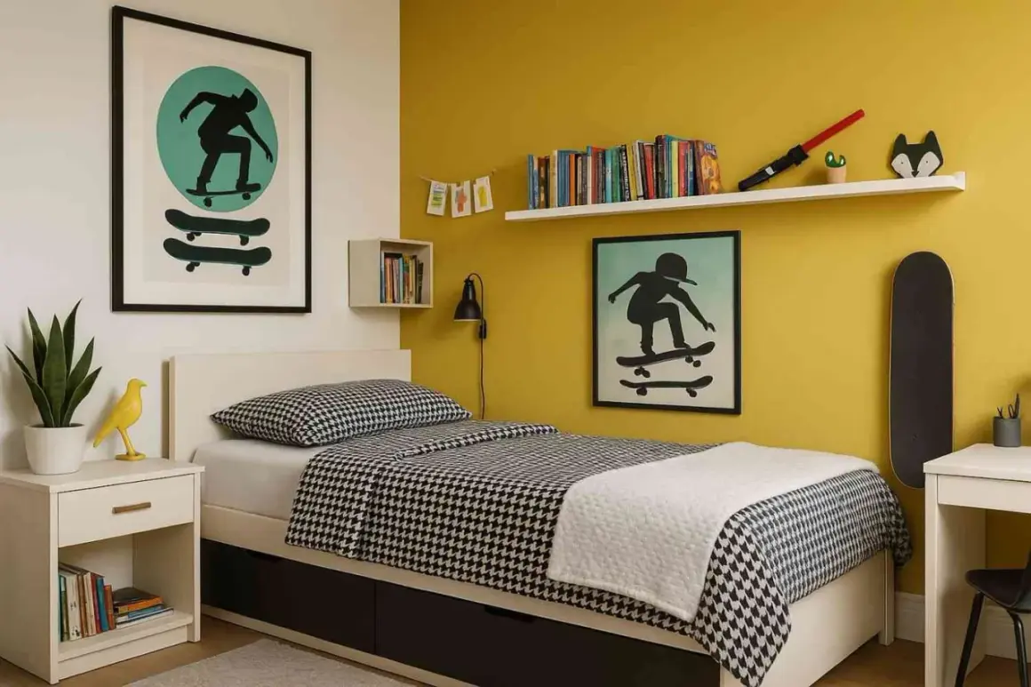 Ein cooles Jugendzimmer mit gelber jugendzimmer wandfarbe, Bett mit skateboard-Motiv und vielen Büchern.