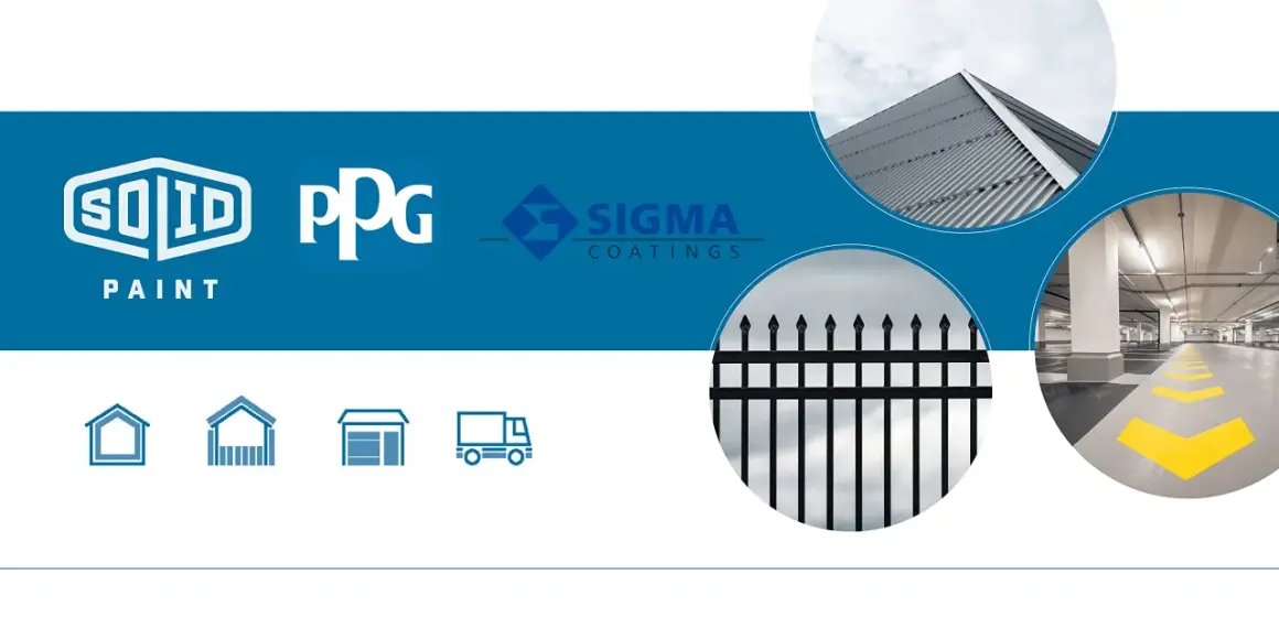 Loghi Solid Paint, PPG e Sigma Coatings. Immagini di un tetto metallico, una recinzione e un parcheggio. Soluzioni per ppg vernici.