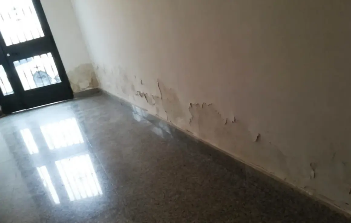 Pared con pintura descascarada y manchas de humedad por capilaridad cerca de la puerta. Es necesario reparar la pared.