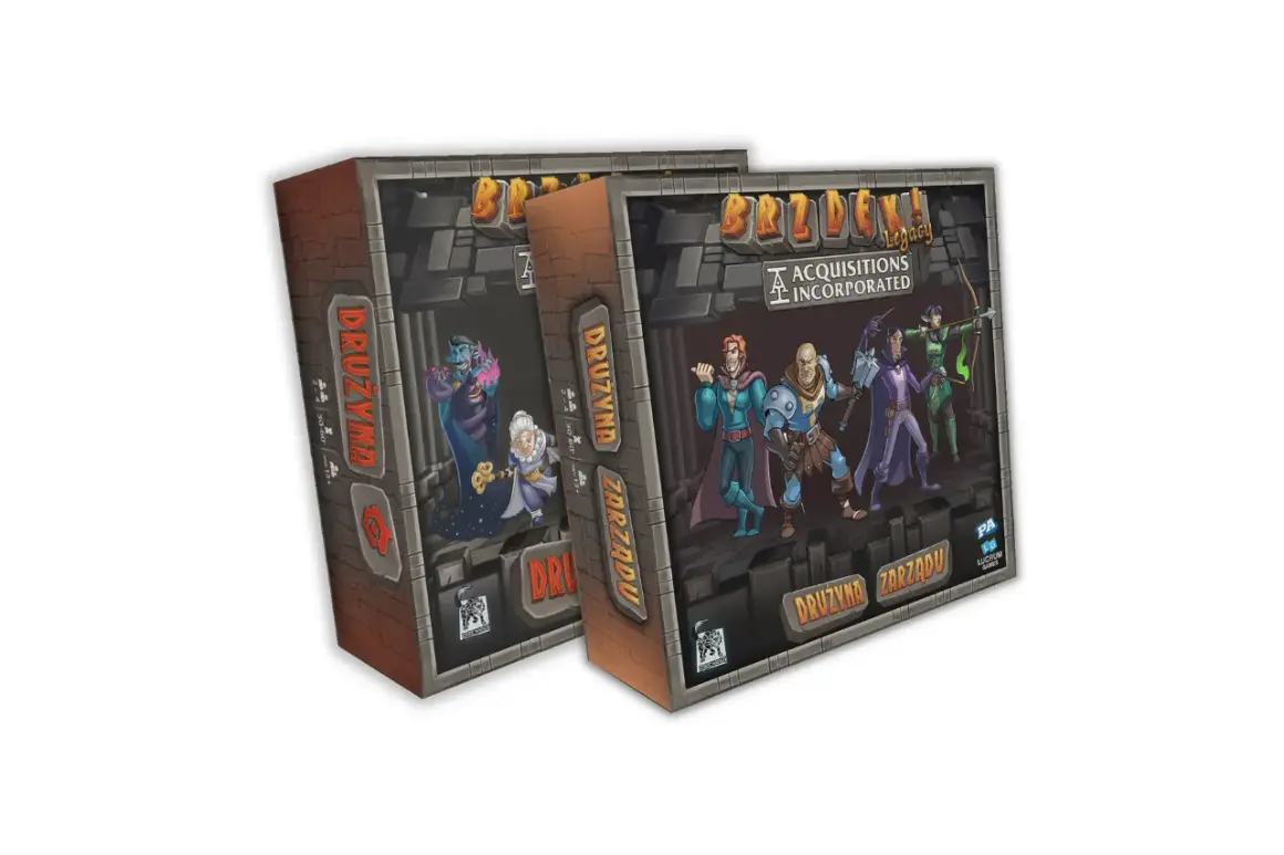 Brzdęk! Legacy: Drużyna Zarządu. Zestaw pudełek gry planszowej z postaciami fantasy.