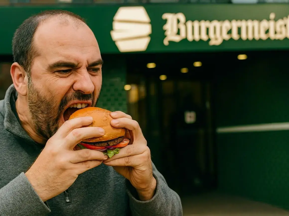 Mężczyzna z pasją wgryza się w soczystego burgera, zastanawiając się, skąd pochodzą hamburgery.