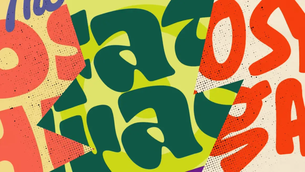 Abstract art with bold, rounded, cozy fonts in green, orange, and purple, layered over a textured background.