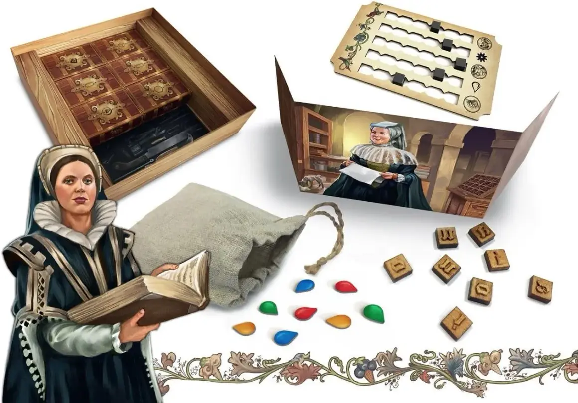 Gutenberg gra: plansza, drewniane klocki z literami, sakiewka i kolorowe kamienie.