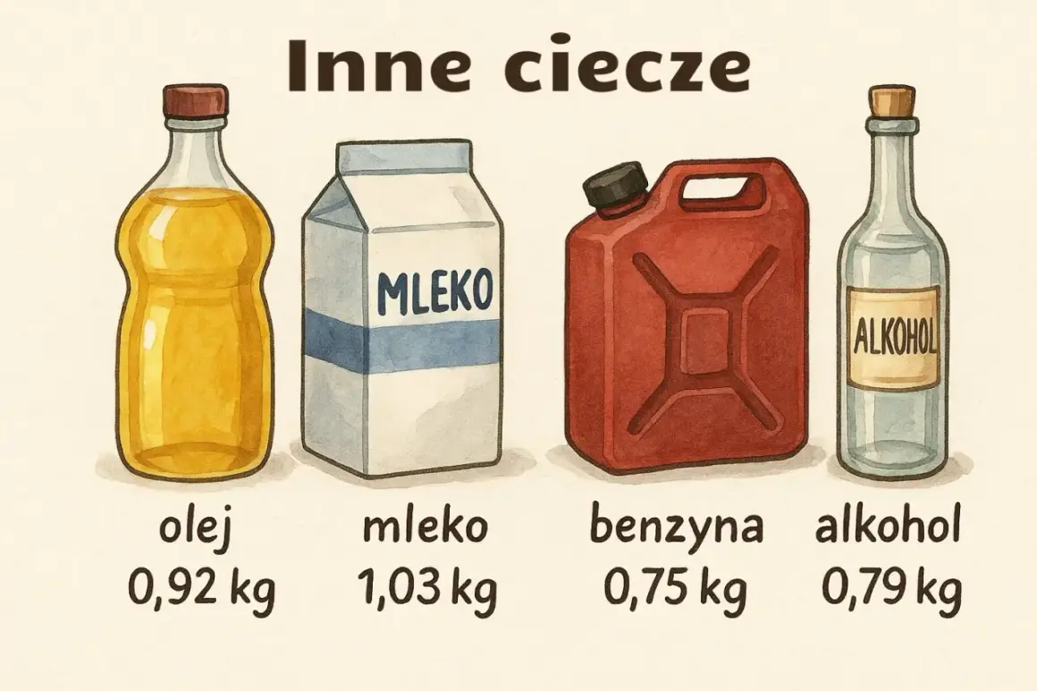 Porównanie gęstości: olej (0,92 kg), mleko (1,03 kg), benzyna (0,75 kg) i alkohol (0,79 kg). Ile waży wódka? Okazuje się, że alkohol waży 0,79 kg.