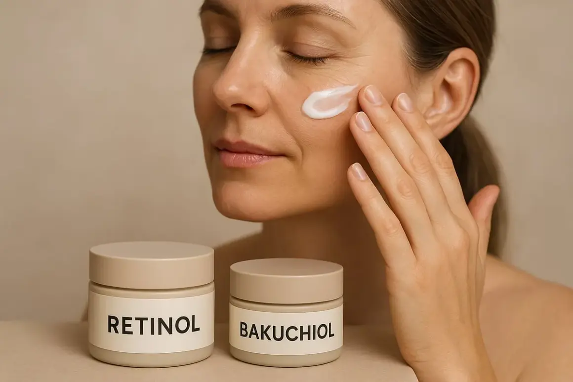 Kvinna applicerar kräm i ansiktet. Två burkar syns, en med texten "RETINOL" och en med "BAKUCHIOL".