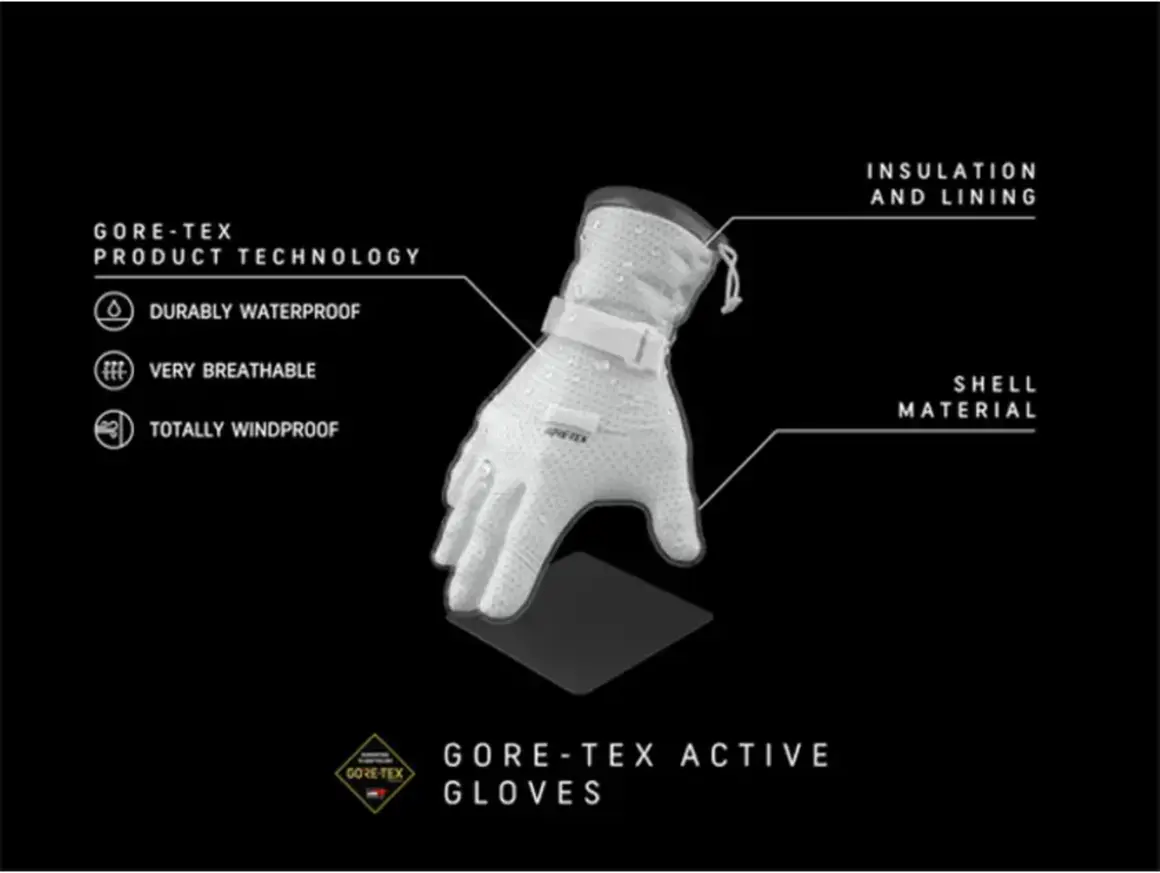 Vit handske med GORE-TEX membran, som är hållbart vattentät, mycket ventilerande och helt vindtät. Perfekt för aktiva äventyr.