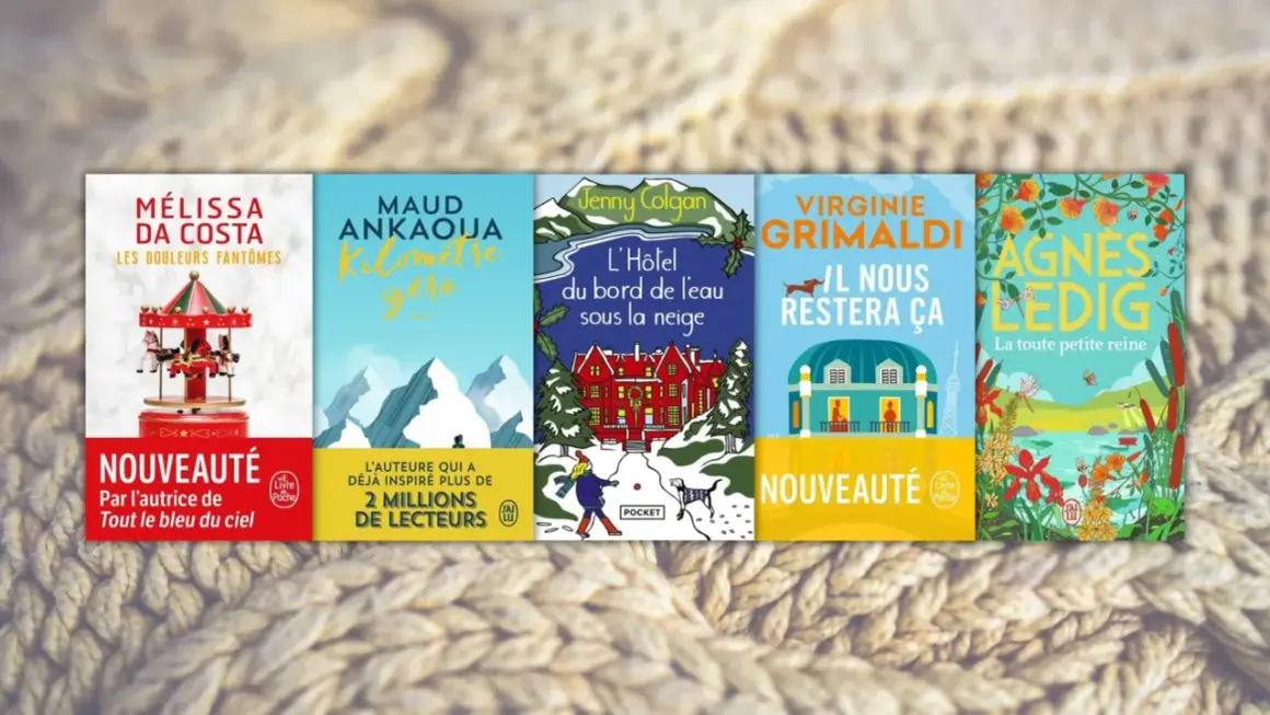Cinq couvertures de romans feel good : un manège, des montagnes, un hôtel enneigé, une ville et une nature luxuriante.
