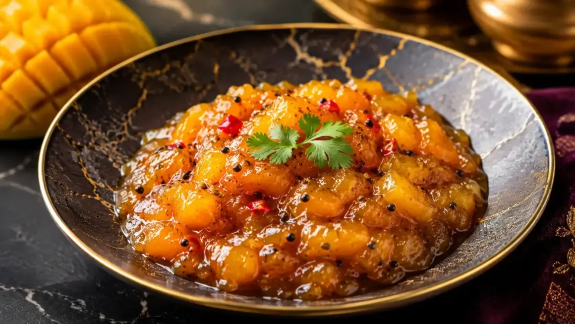 En skål med gyllene mangobitar, kryddad med chili och koriander. Perfekt för ditt mango chutney recept.