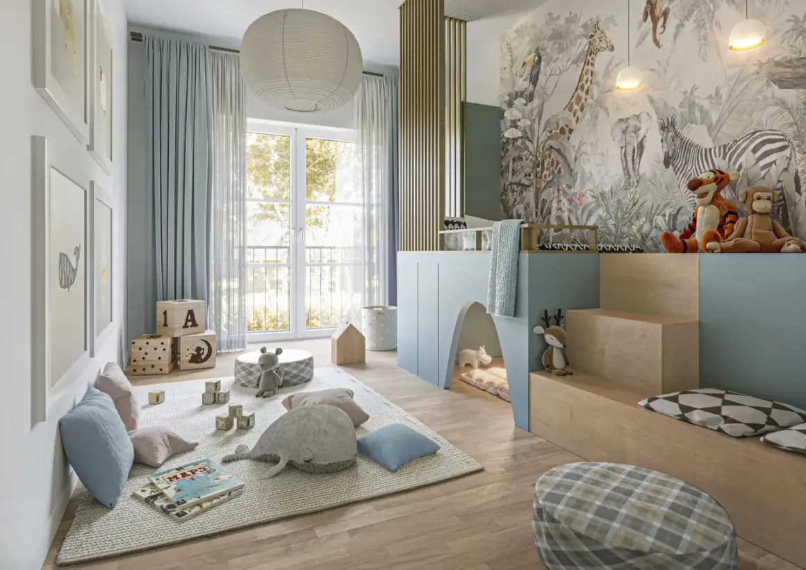 Ein fantasievolles Kinderzimmer einrichten Junge mit Dschungel-Tapete, Spielhaus und vielen Kuscheltieren.