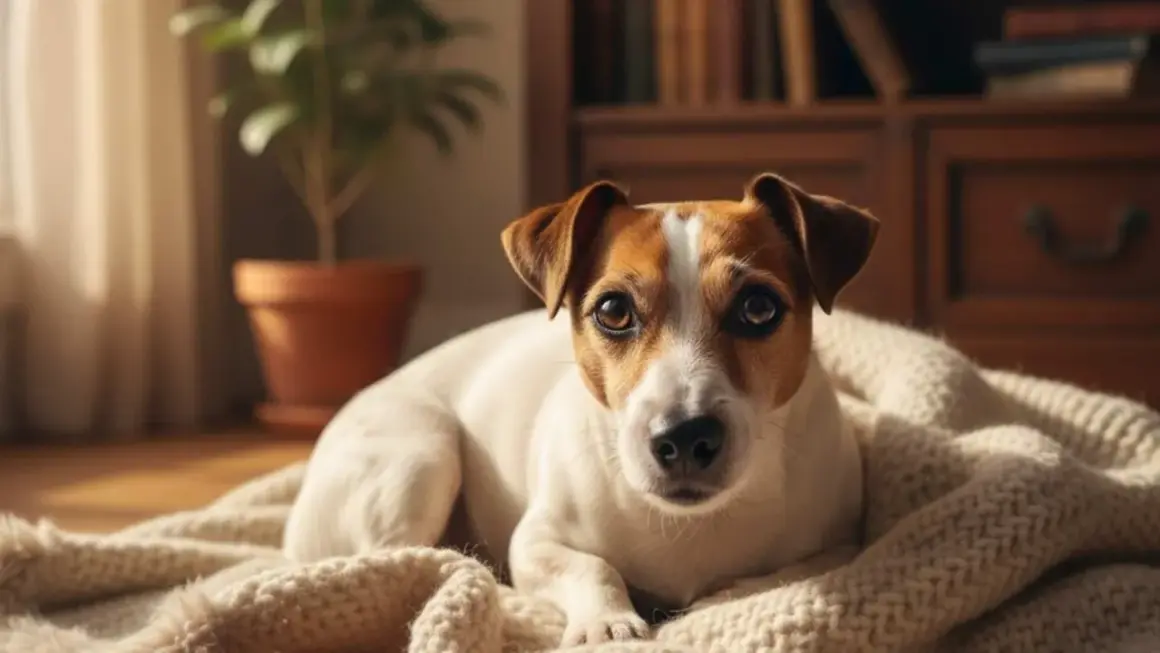 Un perro Jack Russell descansa en una manta, con ojos curiosos. ¿Por qué mi perro tiembla? Quizás solo busca calor y mimos.