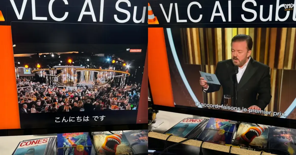 Ricky Gervais at the Golden Globes, with VLC automatic subtitles displaying in Japanese and French.