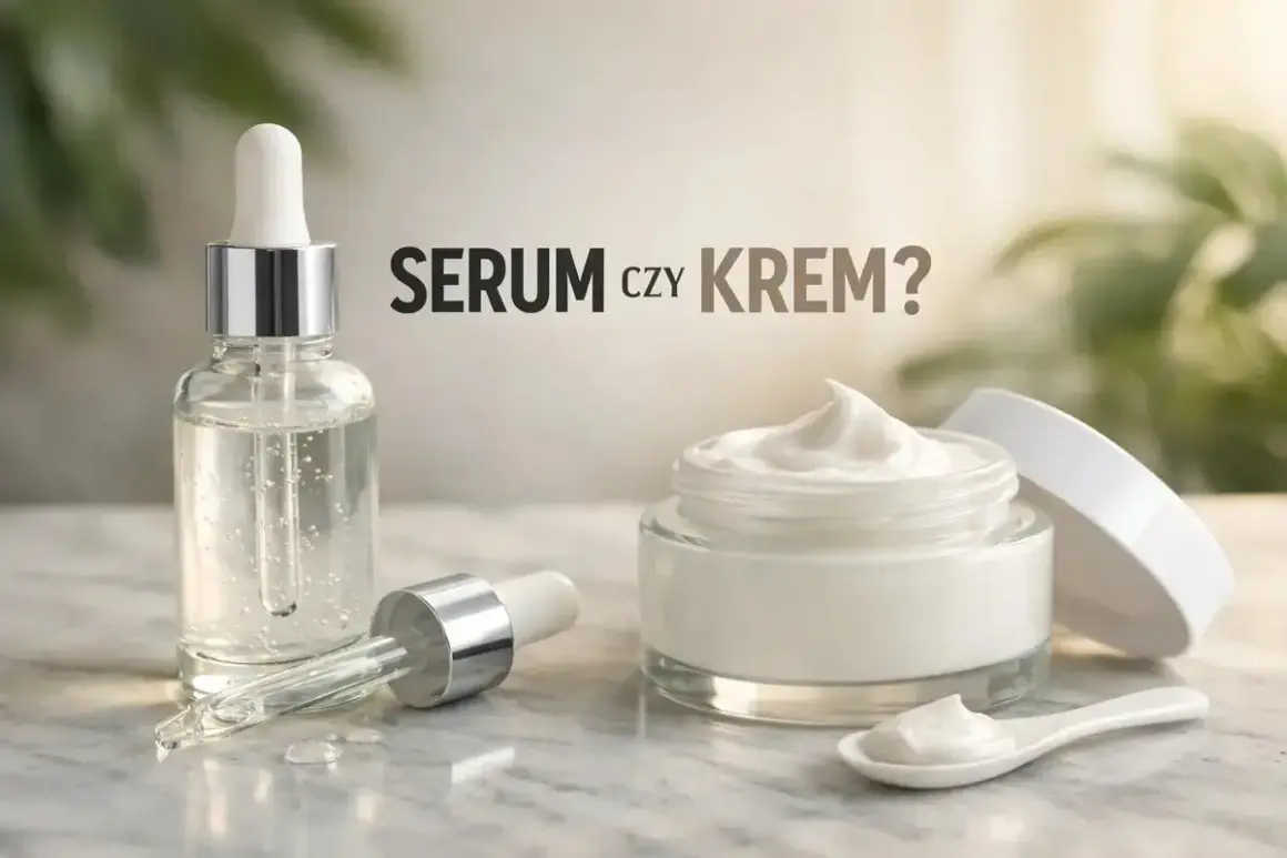 Szklana buteleczka z serum i słoiczek z kremem na marble. Co wybrać: serum czy krem?