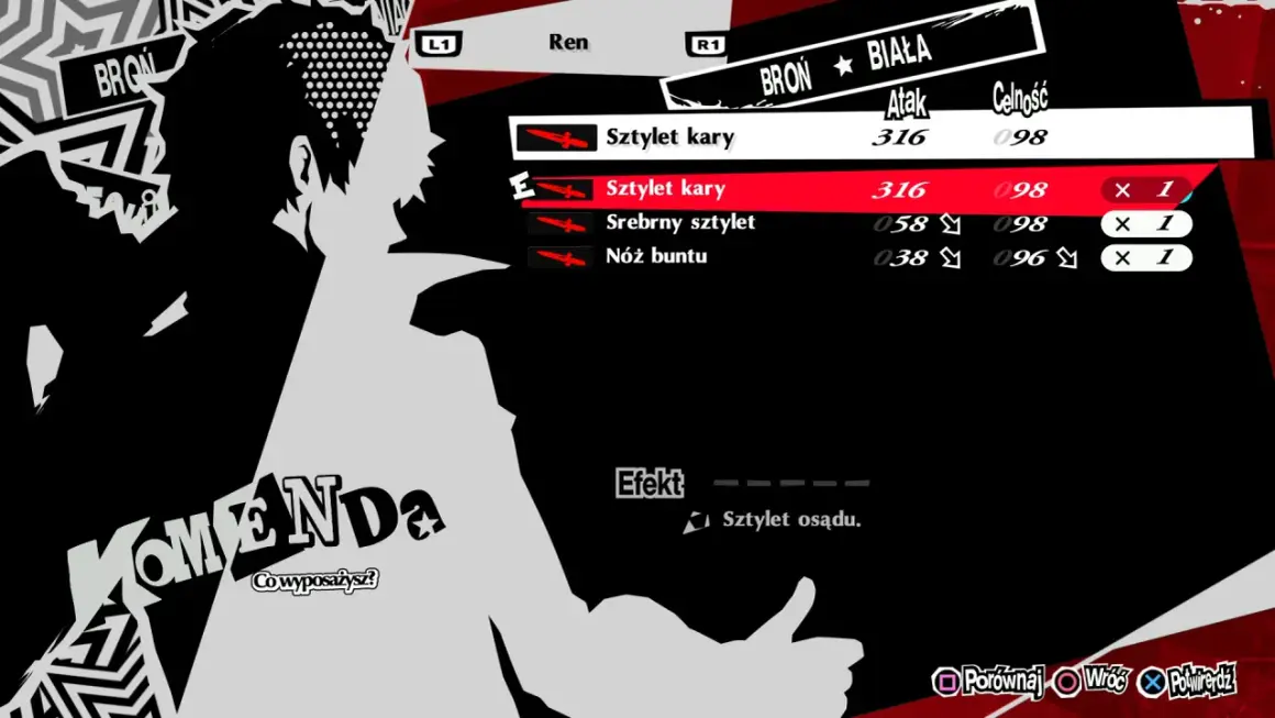 Menu ekwipunku w Persona 5 Royal spolszczenie. Ren wybiera broń, widoczne statystyki i przedmioty.