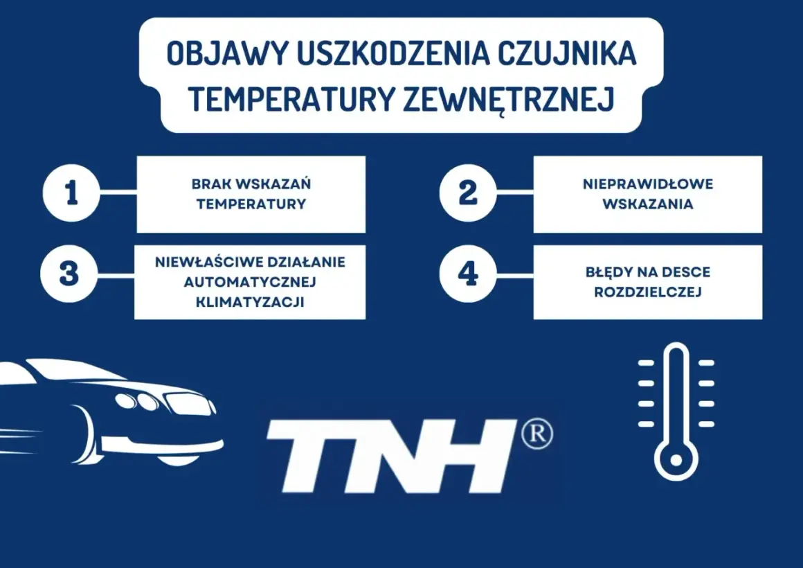 Objawy uszkodzonego czujnika temperatury zewnętrznej: brak wskazań, nieprawidłowe wskazania, problemy z klimatyzacją, błędy na desce rozdzielczej.