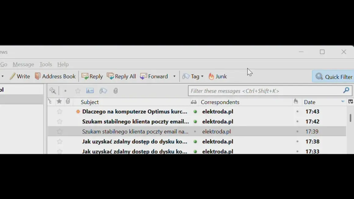 Widok skrzynki odbiorczej bluemail z listą wiadomości od elektroda.pl.