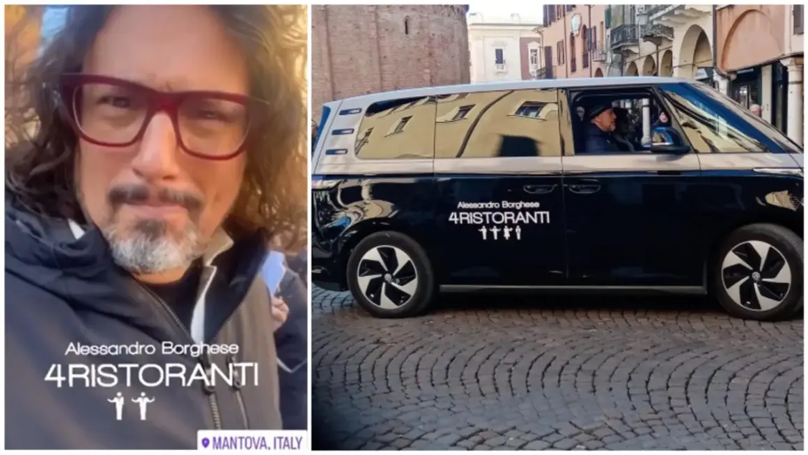 Alessandro Borghese con il furgone di 4 Ristoranti a Mantova. Il conduttore è pronto per una nuova sfida culinaria.