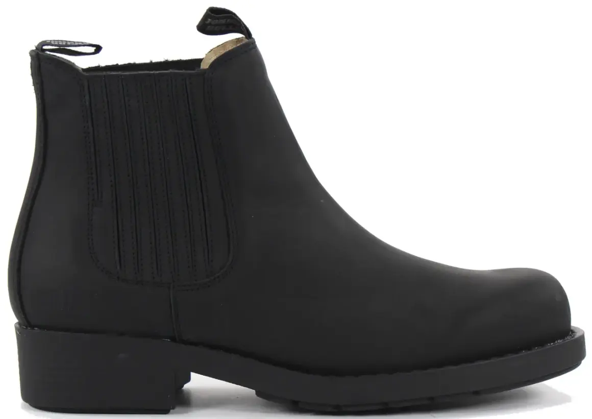 Svart chelseaboots i läder med dragflik baktill, märkta Johnny Bulls. Perfekta för en robust stil.