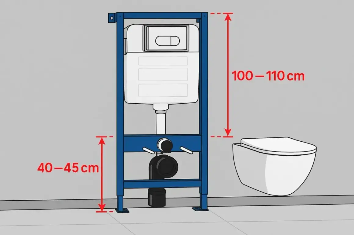Schemat budowy muszli klozetowej podtynkowej. Wymiary montażu: 100-110 cm wysokości, 40-45 cm do sedesu.