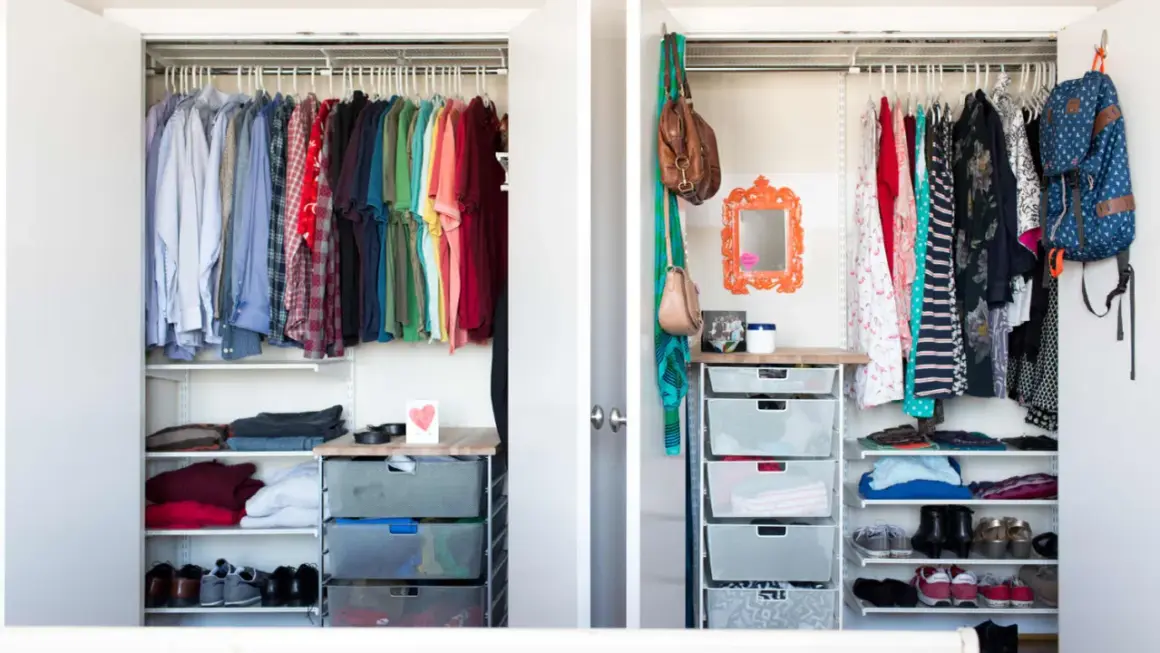 A well-organized closet with hanging clothes, folded items, shoes, and mesh drawers, showcasing a functional diy closet organizer.