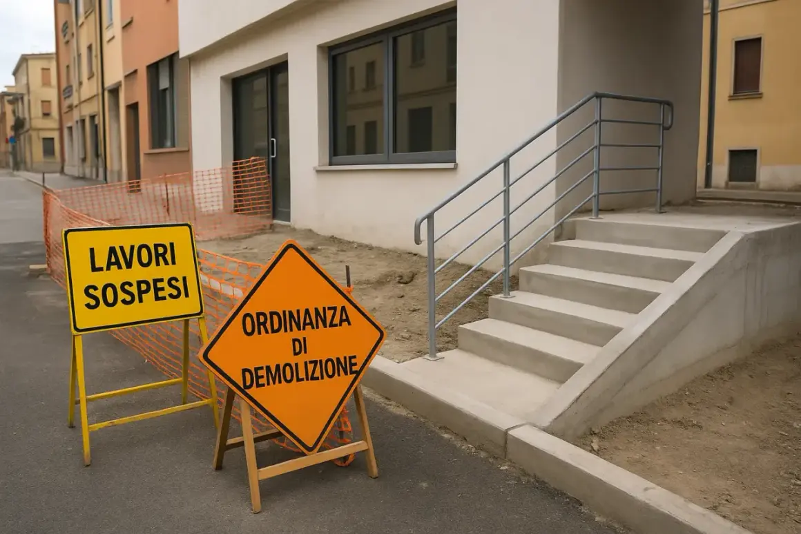 Segnali stradali indicano "Lavori sospesi" e "Ordinanza di demolizione" davanti a un cantiere. L'edilizia libera è ferma.