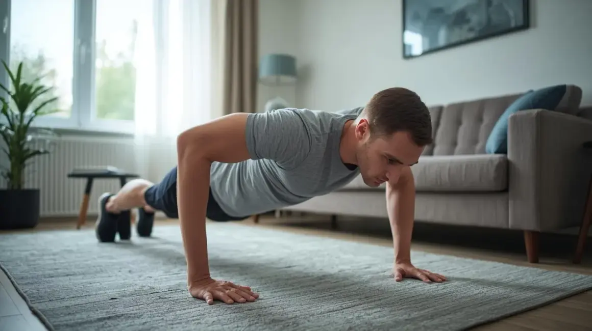 Un homme en position de gainage débutant, effectuant des pompes sur un tapis dans son salon.