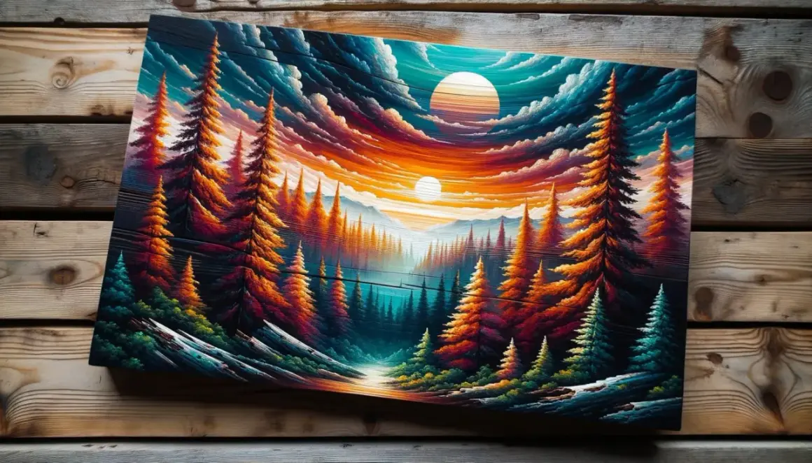Peinture acrylique vibrante d'une forêt de pins au coucher du soleil, sur un support bois. Les couleurs chaudes et froides contrastent sur ce support bois pour peinture acrylique.