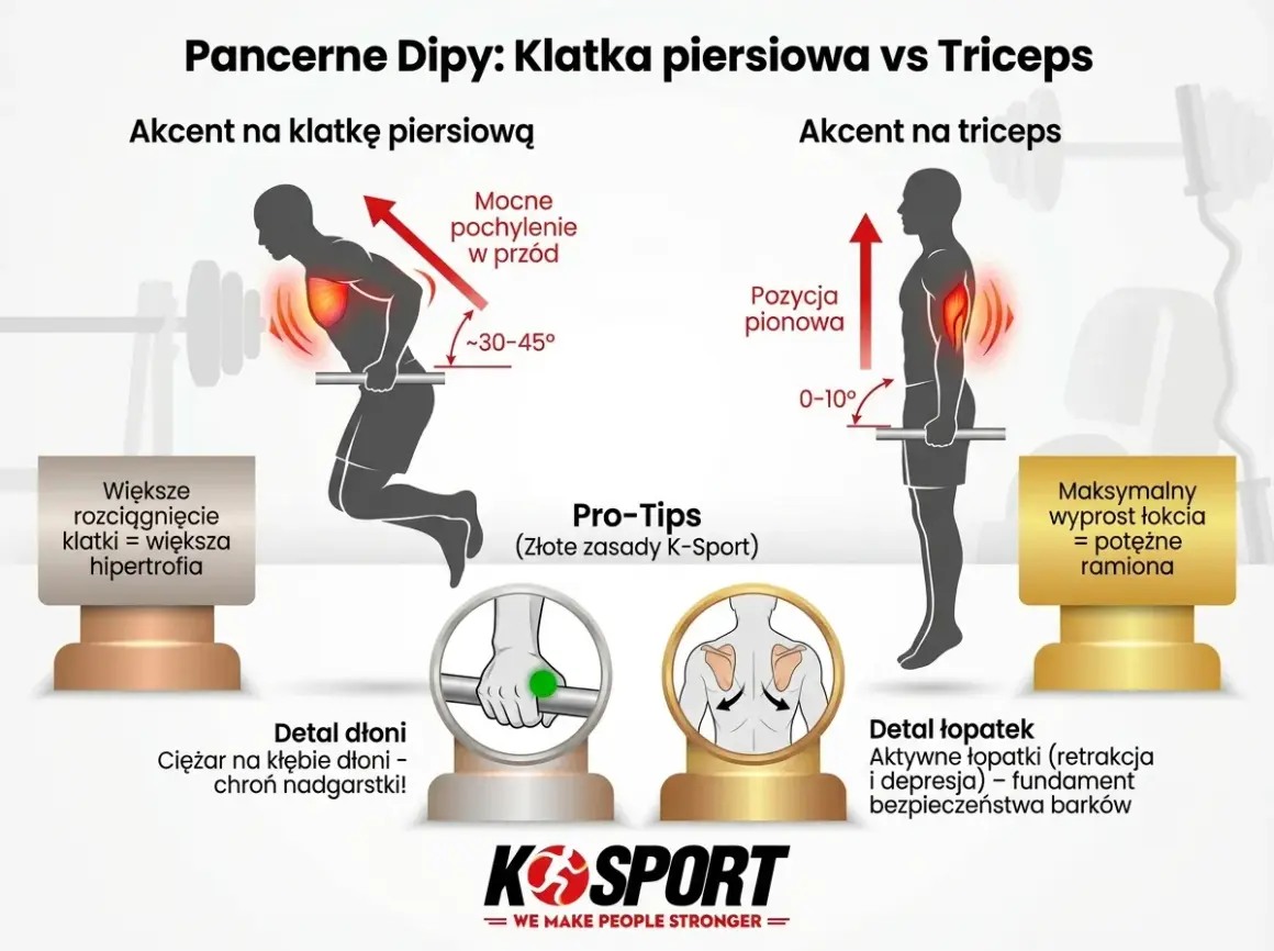 Pompki na poręczach: akcent na klatkę (pochylenie 30-45°) vs triceps (pozycja pionowa). Detale dłoni i łopatek.