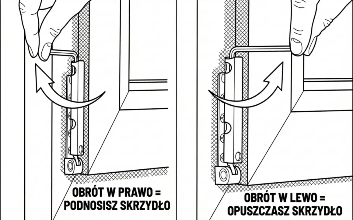 Regulacja docisku okna: obrót kluczem w prawo podnosi skrzydło, w lewo opuszcza.