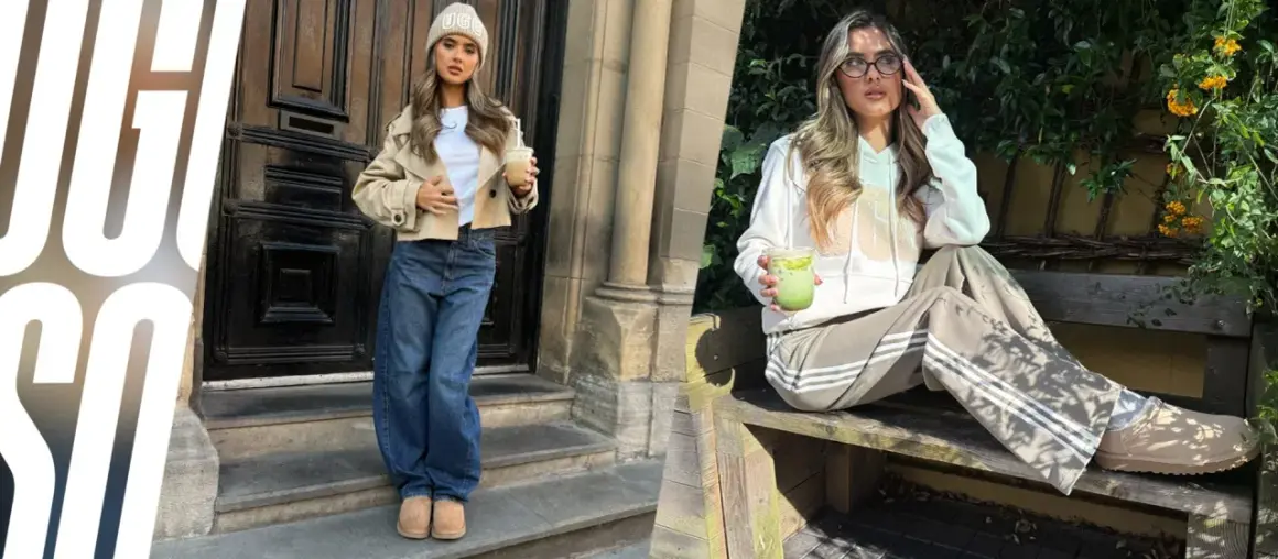 Due donne mostrano come vestono gli UGG: una con jeans larghi e giacca corta, l'altra con felpa e pantaloni sportivi.