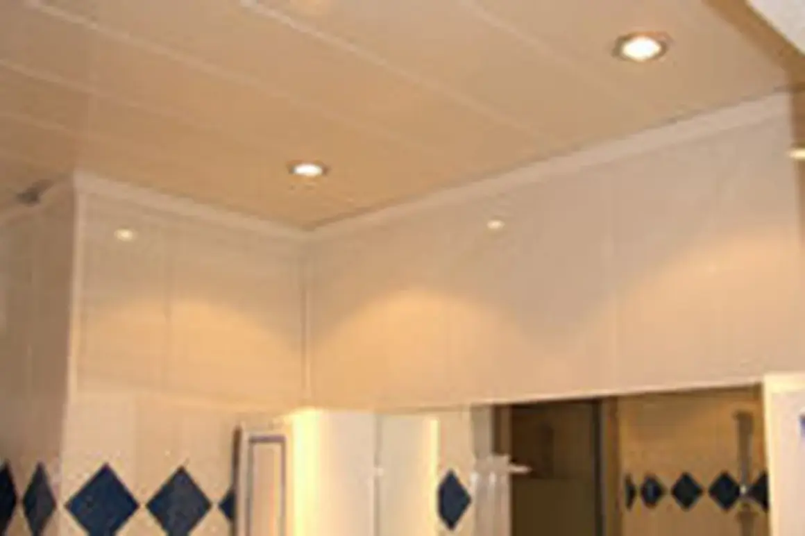 Pose lambris PVC plafond blanc, avec spots intégrés. Finition moderne et propre pour une pièce lumineuse.