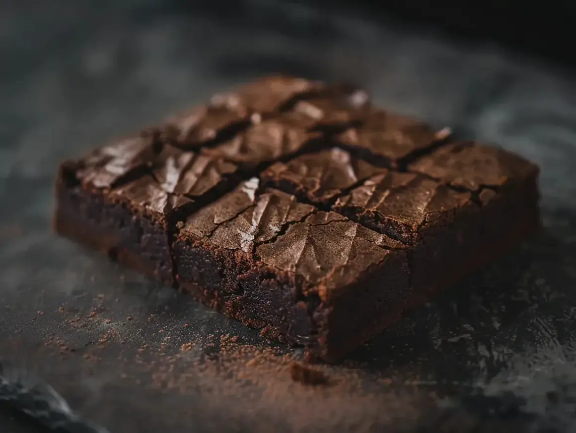 En saftig fudge brownie, uppdelad i bitar, med en härlig spröd yta.