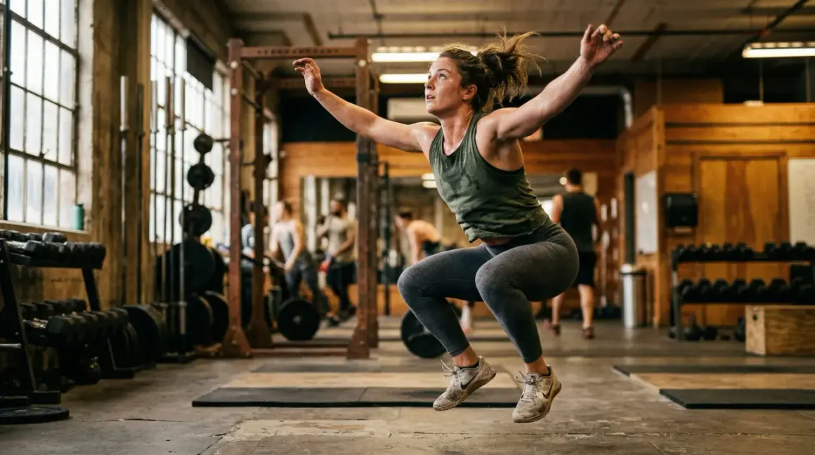 Donna in palestra esegue un salto, un esempio di allenamento HIIT.