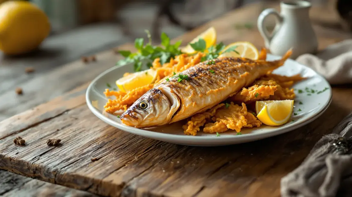 Une assiette de **eperlan frit** croustillant, garnie de quartiers de citron et de persil frais, sur une table en bois rustique.