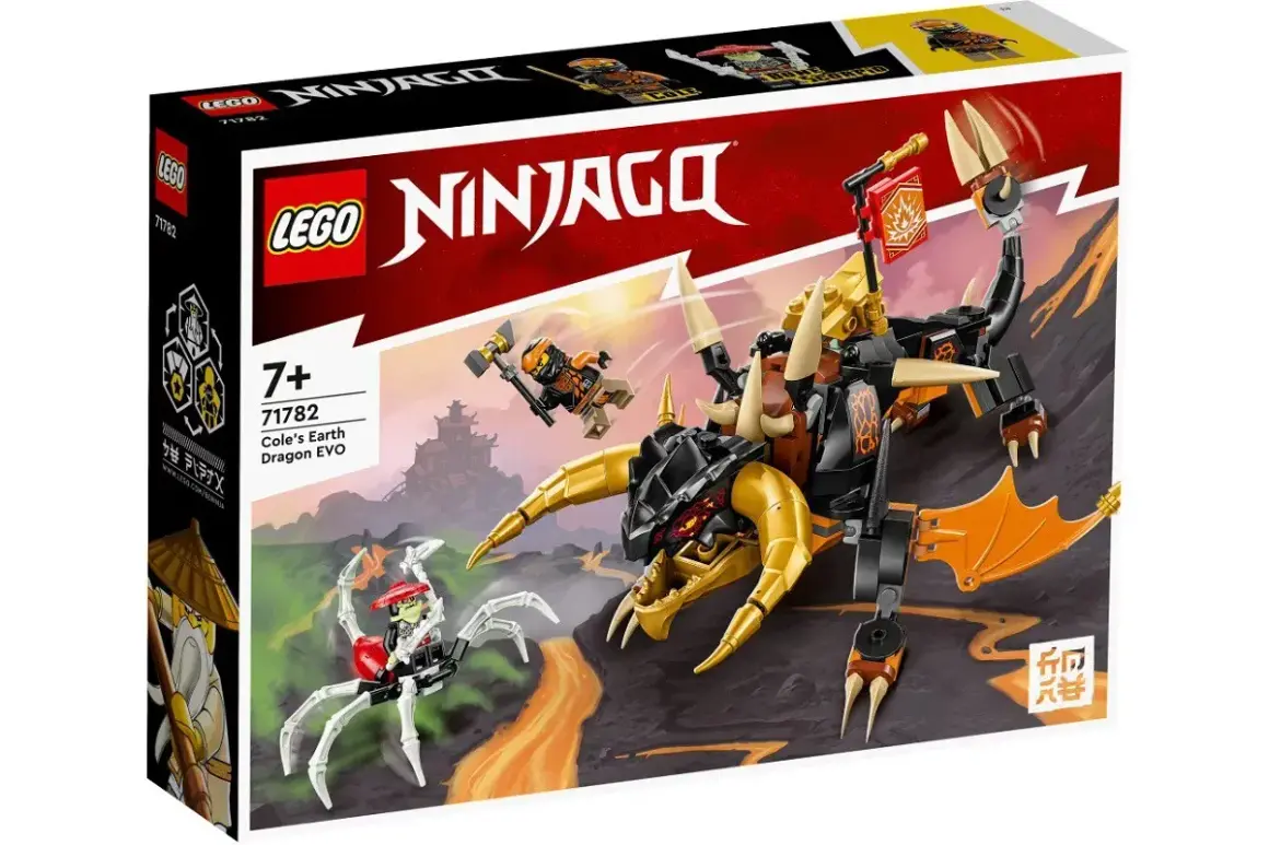 Pudełko z klockami LEGO Ninjago przedstawia smoka ziemi Cole'a EVO walczącego z pajęczym wojownikiem. To jedna z wielu znanych firm zabawek.