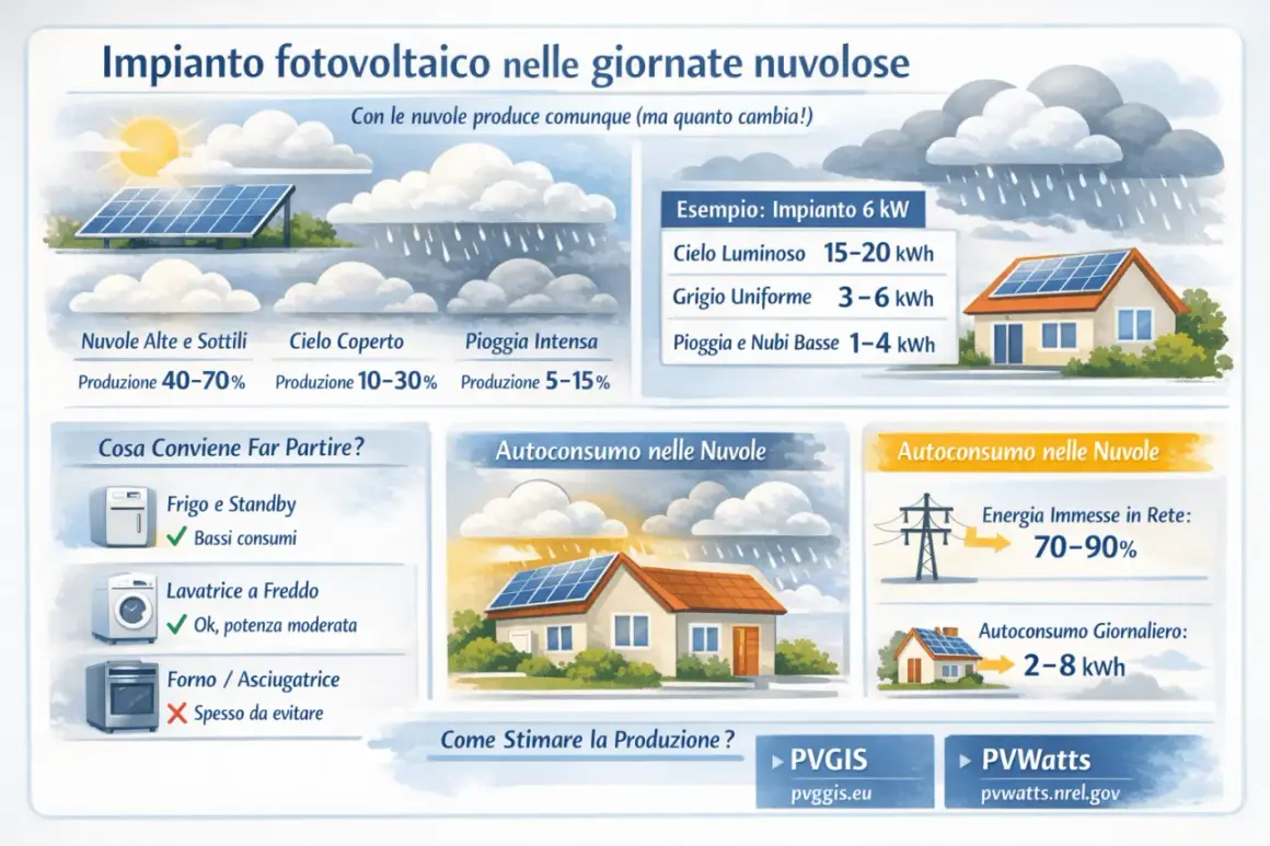 Impianto fotovoltaico: anche con nuvole, la produzione varia. Esempio: 6 kW con cielo luminoso 15-20 kWh, grigio 3-6 kWh. L'effetto fotovoltaico è sempre attivo.
