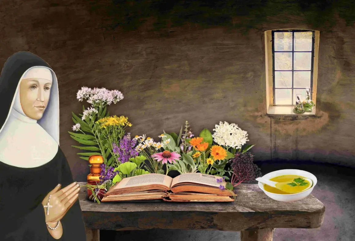 Hildegard von Bingen, mit Rosenkranz, betet vor Kräutern, einem Buch und einer Suppenschale. Ihr Fasten war von Weisheit und Natur geprägt.
