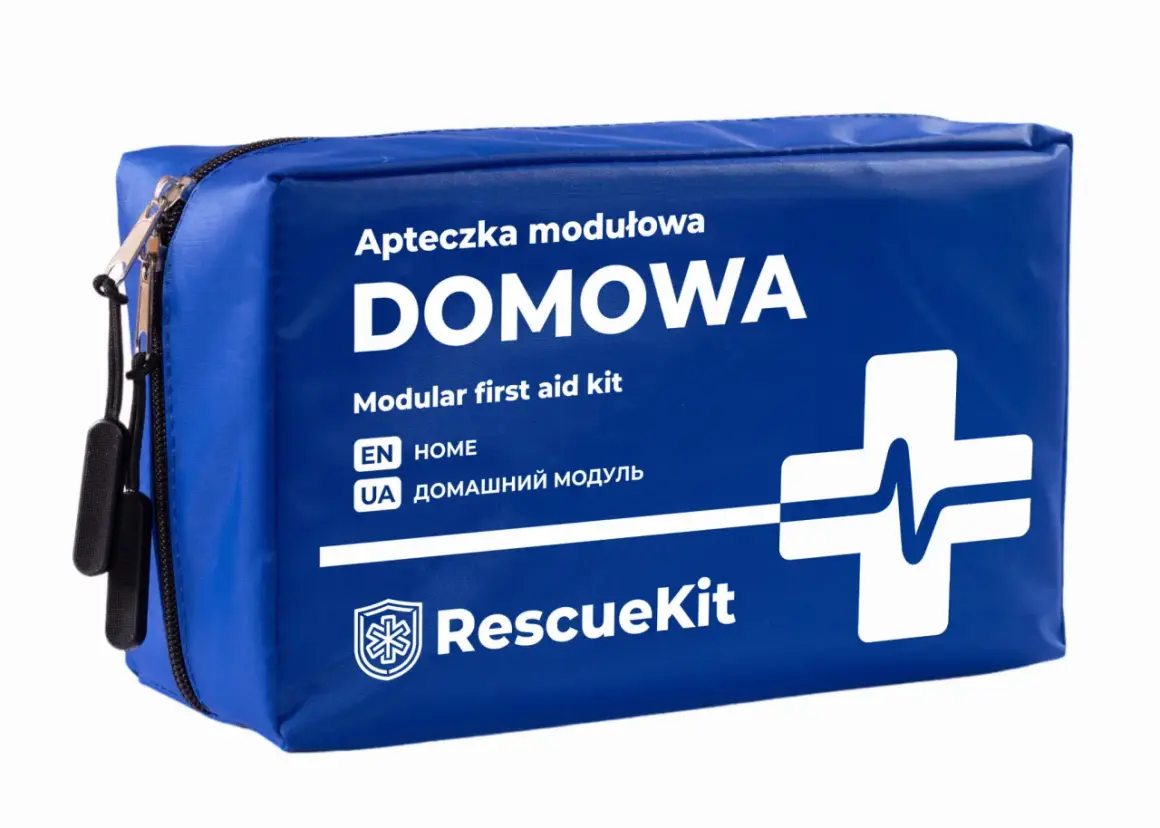 Niebieska, modułowa apteczka domowa RescueKit z białym krzyżem i napisem.