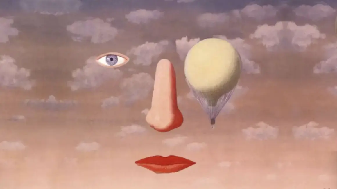 A dream surrealism art piece featuring a face composed of an eye, a nose, and lips, with a hot air balloon replacing one nostril against a cloudy sky.