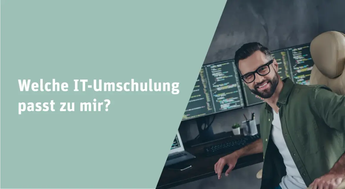 Ein Mann zwinkert vor mehreren Bildschirmen mit Code. Er überlegt, welche IT-Umschulung nebenberuflich am besten zu ihm passt.