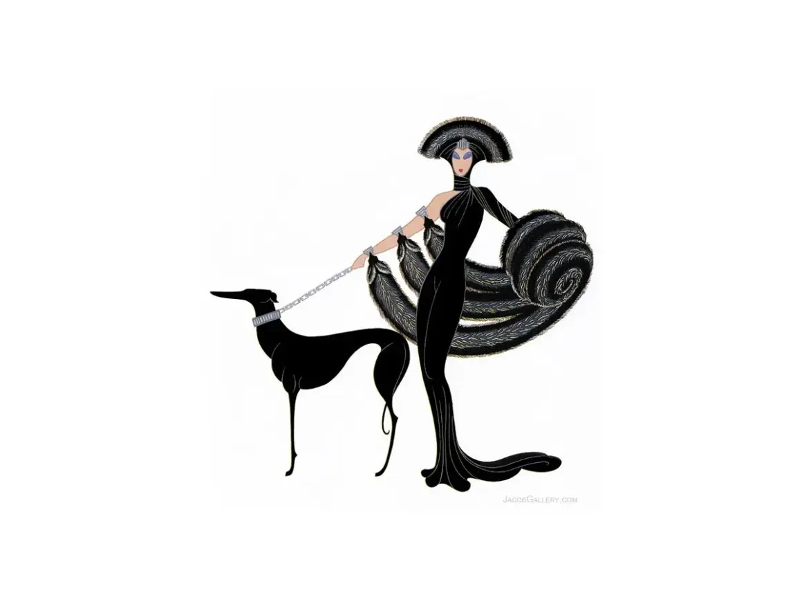 A striking Art Deco illustration, a symphony in black, features a woman in a flowing gown and elaborate headdress, holding a leash attached to a sleek black greyhound.