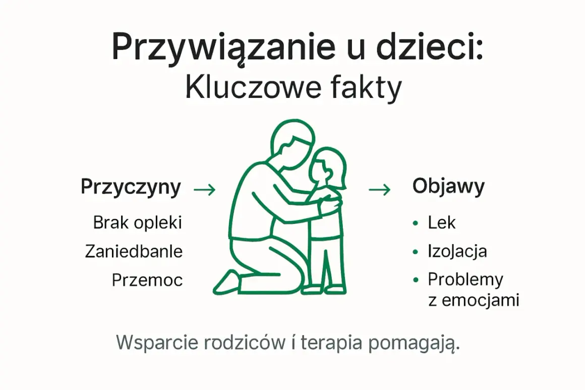 Przywiązanie u dzieci: przyczyny (brak opieki, zaniedbanie, przemoc) i objawy (lęk, izolacja, problemy z emocjami). Wsparcie rodziców i terapia pomagają.